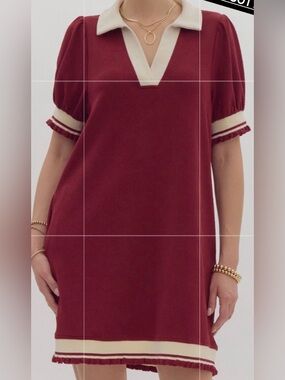 Entro - NWT - Knit Polo Shift Dress in Burgundy with Cream Trim